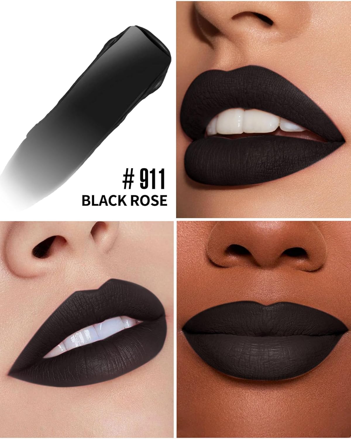 Black Lipstick Matte Liquid Lipstick Long Lasting for Women Smudgeproof Lipsticks Color Stay Dark Black Lipsticks Vegan Cruelty-Free Lip Gloss (911 Black Rose)