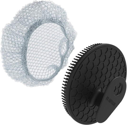 Silicone Body Scrubber with Scrub Net Set, BEAUTAIL 2 Pack for Rich Lather, Deep Cleansing, and Exfoliation – Durable, Easy to Clean, Gentle or Firmer Options – 1 Shower Brush Black, 1 Scrub Net Gray