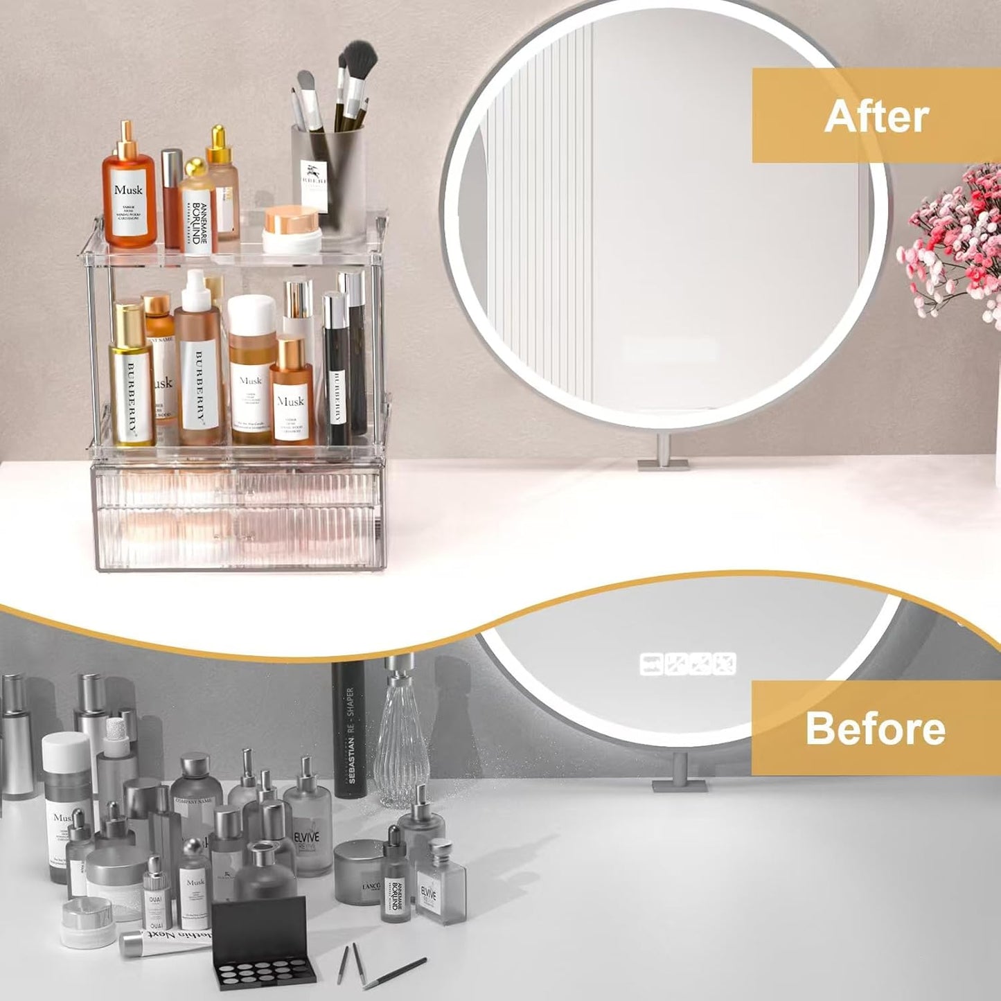 2-Tier 2-Drawer Bathroom Countertop Organizer : Large Multi-Purpose Makeup Vanity Organizer - Perfume & Skincare Storage Amber Clear