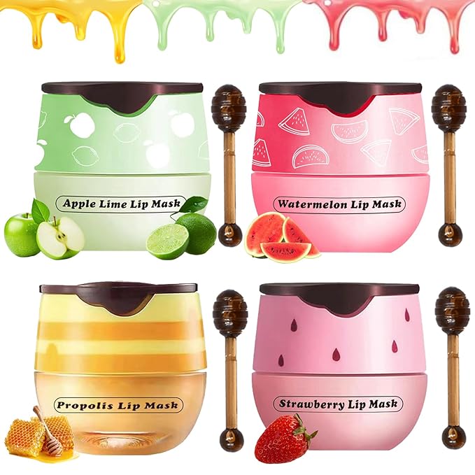 Honey Pot Lip Balm for Dry Cracked Lips - Strawberry Scrub Exfoliator & Moisturizer, Hydrating With Wand, Lip Sleeping Mask (4pcs)