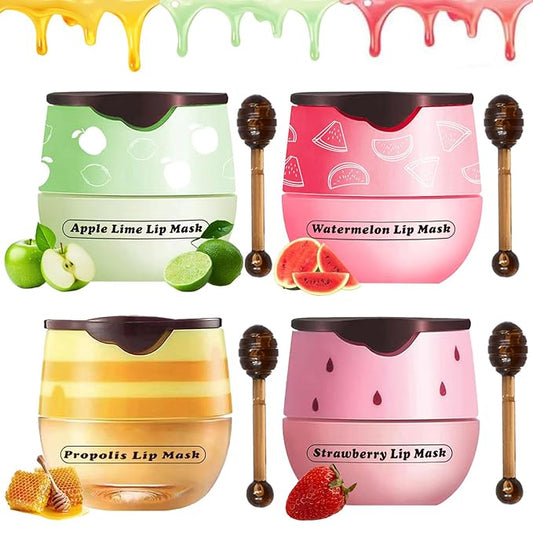 Honey Pot Lip Balm for Dry Cracked Lips - Strawberry Scrub Exfoliator & Moisturizer, Hydrating With Wand, Lip Sleeping Mask (4pcs)