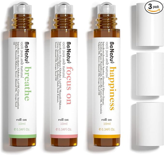 Benatu Essential Oil Blends Set (Breathe, Focus on, Happiness), Natural Aromatherapy Roll On for Massage, Body Skin Care, Home - Natural Fragrance Gift Roller for Women and Men