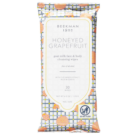 Beekman 1802 Face & Body Wipes, Honeyed Grapefruit - Scented - 30 Count - Cleanses - With Goat Milk, Aloe & Vitamin E - Alcohol Free, Biodegradable - Packaging May Vary