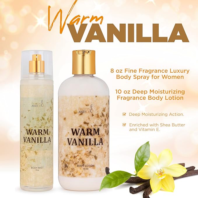 Home Spa Gift 10oz Deep Moisturizing Fragrance Body Lotion & 8 oz. Fine Fragrance Body Mist Set Luxury Self-Care Combo for Women and Girls (Warm Vanilla) Mother’s Day Gift for Mom