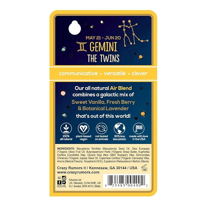 Crazy Rumors Gemini Zodiac All Natural, Plant Based Lip Balm to Moisturize and Nourish your Lips - Air Blend (Vanilla Cream, Fresh Berry and Botanical Lavender)