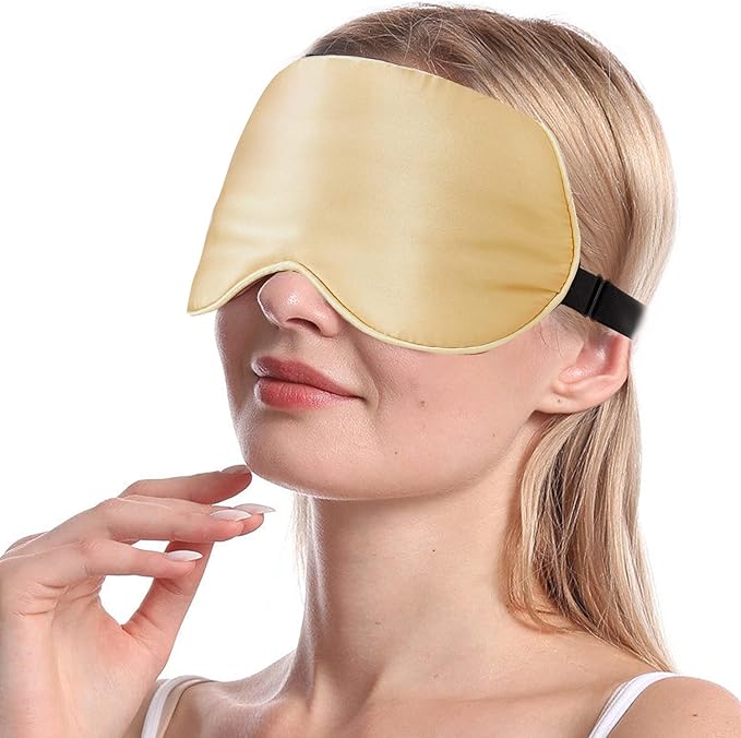 2-Pack 100% Real Natural Silk Eye Mask, Silk Sleeping Mask, Shade Puffy Eye Gift with Adjustable Straps, Sleep Eye Mask, SHJINJU Eye Mask Shade (Black and Champagne)