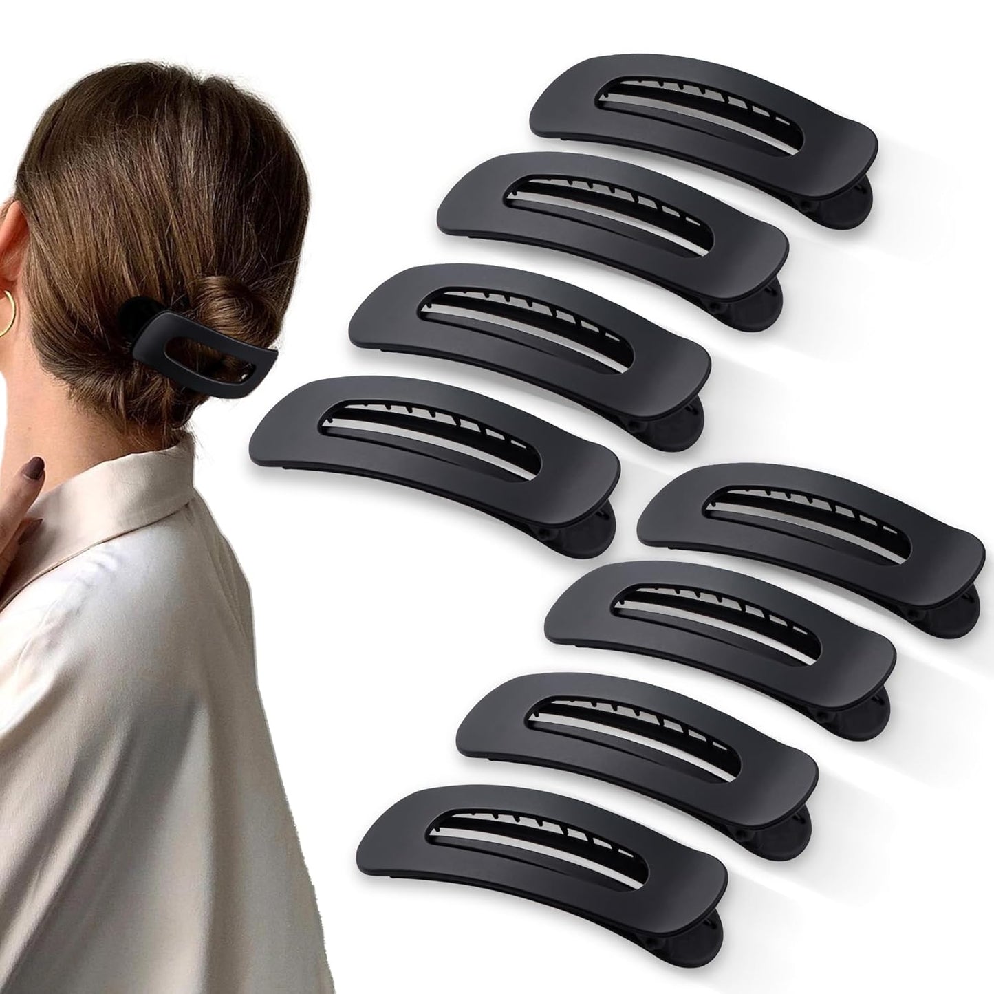8 Pcs Large Lay Flat Claw Clips for Women French Side Slide Barrettes for Thin Fine Hair Rectangle Alligator Hair Accessories,Matte Black
