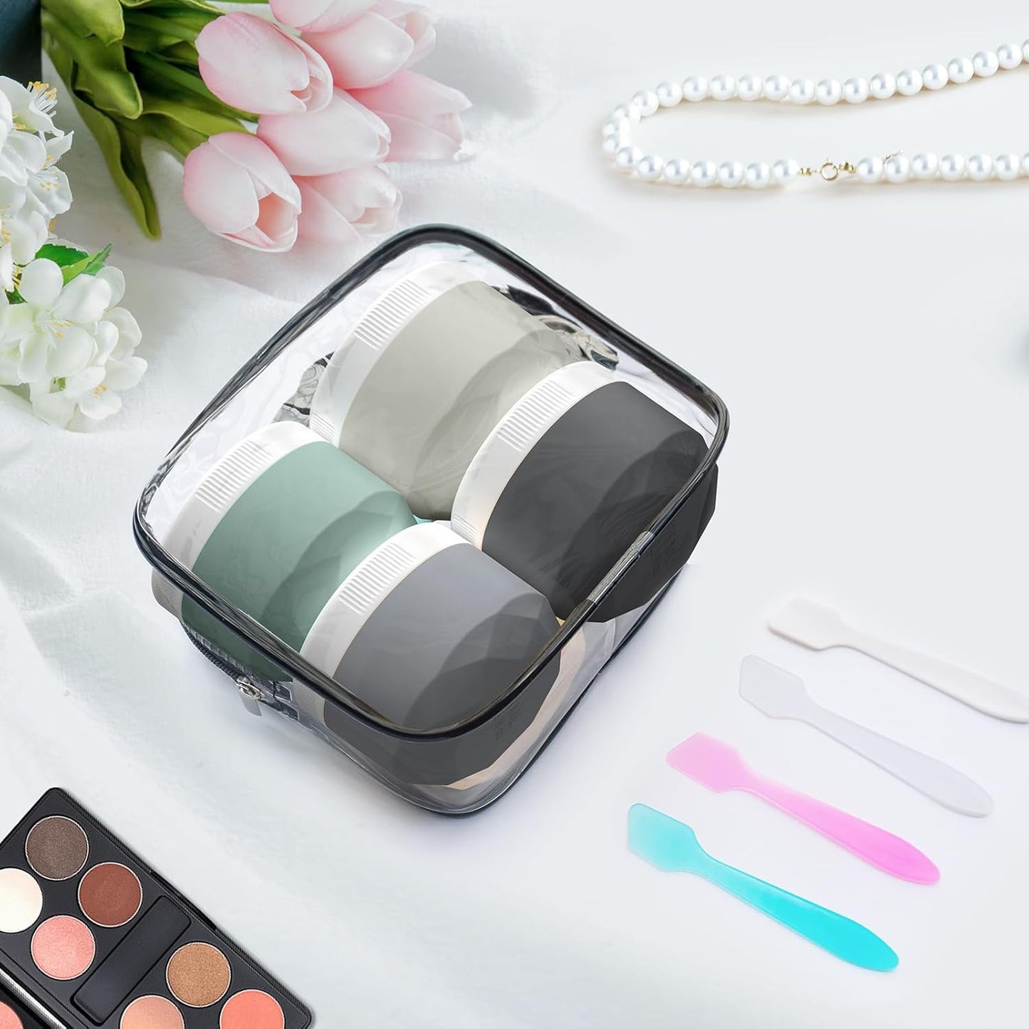 Travel Containers for Toiletries, 4-Pack TSA Approved Silicone Jars (1oz) - BPA Free Leakproof Cosmetic Containers for Creams, Lotion, Skincare & Makeup with Bonus Waterproof Bag-Mix Grey