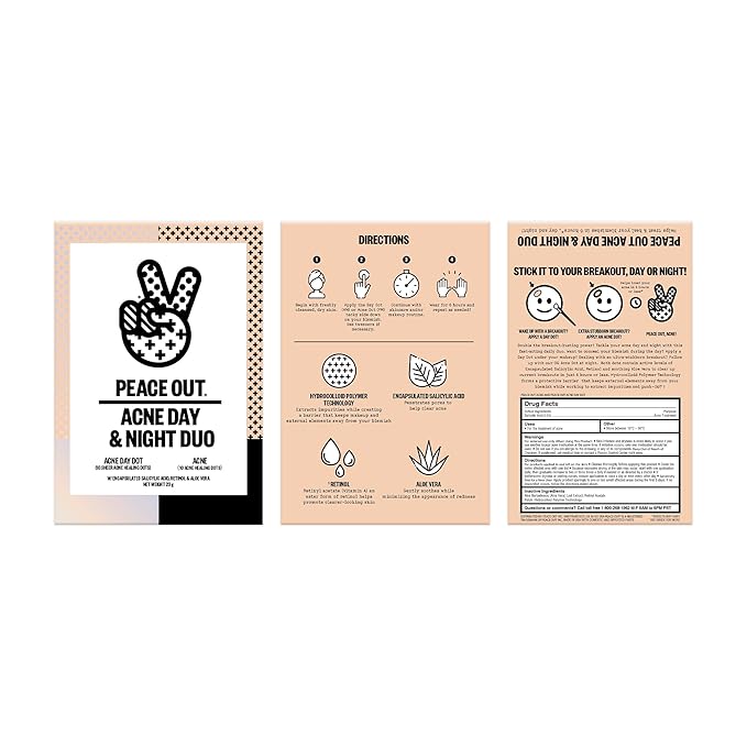 PEACE OUT Acne Day & Night Duo, Sheer Hydrocolloid Pimple Patches For Day Plus Overnight Acne Dots, Helps Clear Blemishes Quickly with Salicylic Acid, Retinol and Aloe Vera, 20 dots