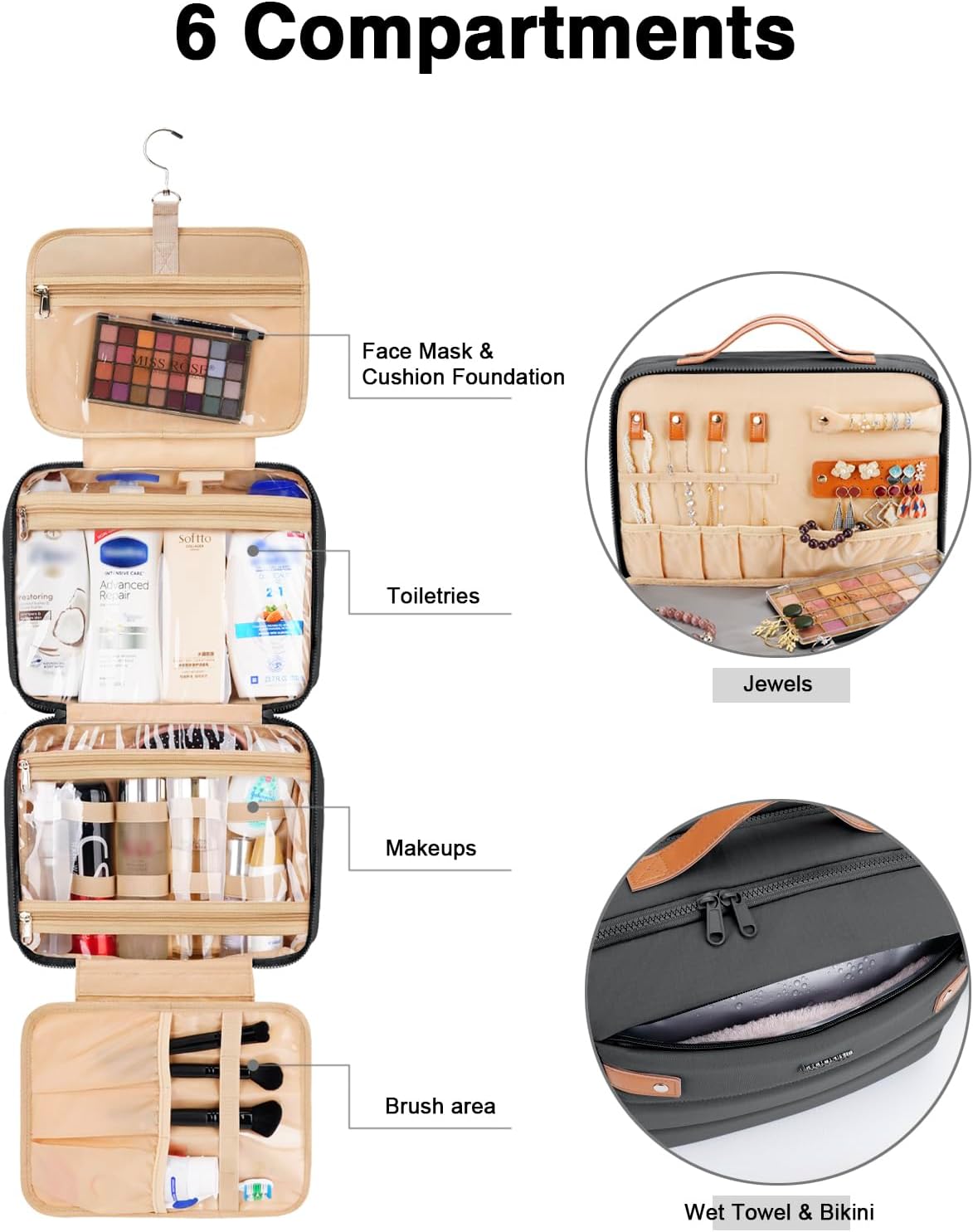Women's Hanging Toiletry Bag, Waterproof Travel Cosmetic Organizer with Jewelry Storage, Large Capacity Makeup Case for Full-Size Skincare & Bathroom Essentials, Portable Cosmetic kit, Black