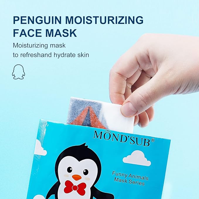 Animal Spa Mask, Character Masks Sheet- Penguin, Panda, Tiger, Cat -Nourishing Moisturizing Effects For All Skin Types- Birthday Party Gift for her, Girls Night, Spa Night, Beauty Gift (4pack)