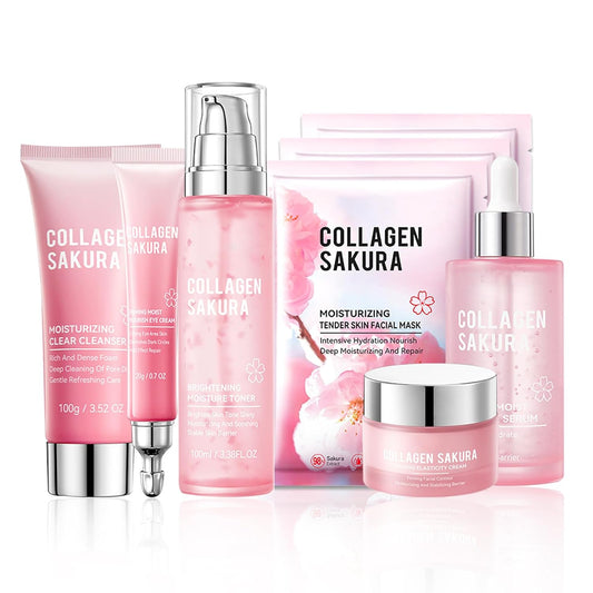 8PCS Sakura Skin Care Set,Hydrating Skin Care Kit Gift Set for Women and Girls,Moisturizing Skincare Set Facial Kit with Cleanser,Face Serum,Face Masks,Facial Cream,Toner and Eye Cream