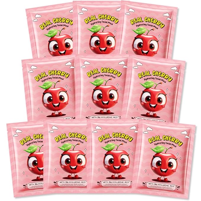 Kaely 10 Pack Cherry Face Masks for Kids, Kids Face Mask Spa Day kit Supplies, Spa Party Favors for Teens Girls Women, Sheet Facial Mask Skincare Gifts Set, Moisturize Soothe for All Skin Types, 06