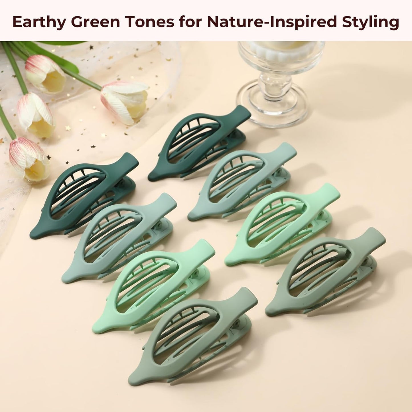 8 Pack Green Flat Hair Clips – Matte Large French Green Claw Clips for Women & Girls, No-Slip Strong Hold Gradient Barrettes for Thick or Thin Hair, Nature Inspired Cottagecore Look