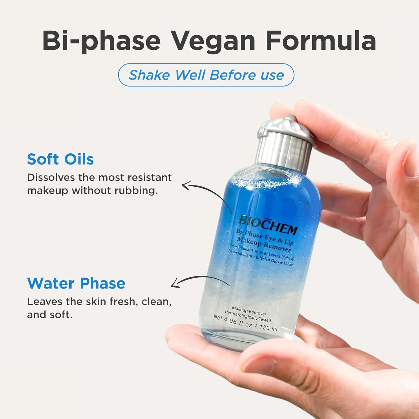 BIOCHEM Bi-Phase Eye & Lip Heavy Makeup Remover, Waterproof Mascara Remover, Gentle Cleanser liquid for Makeup with Natural Ingredients for Sensitive, Normal Skin Types (4.06 fl. oz / 120 ml)