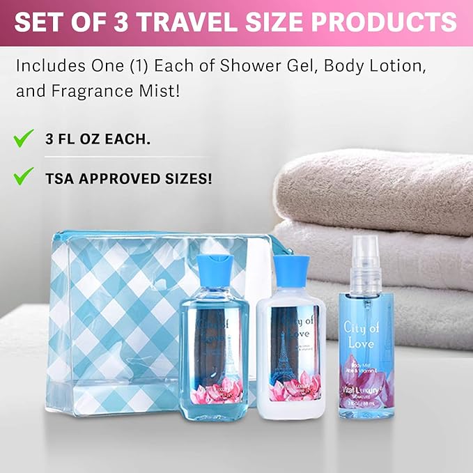 Bath and Body Gift Set for Women & Girls, City of Love Spa Set, Personal Self Care Travel Kit, 3PCS Set for - Shower Gel, Body Lotion, Body Mist- Birthday Mother's Day Gifts for Her