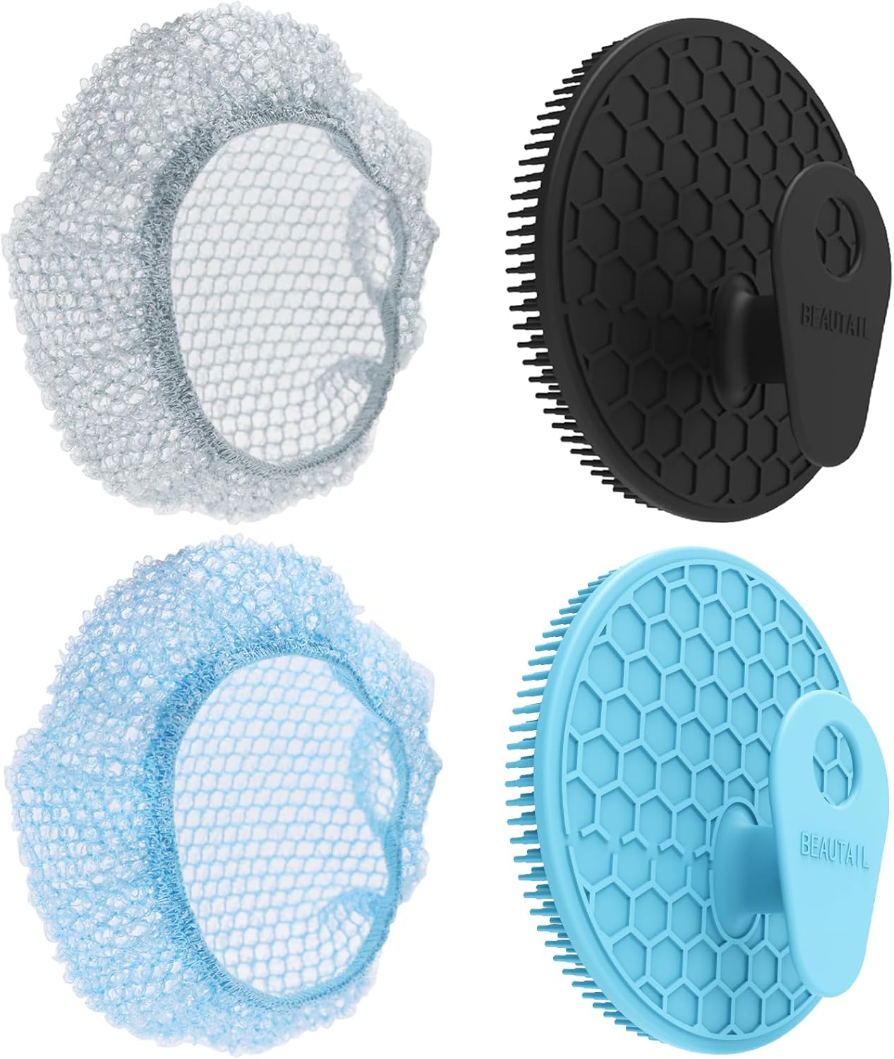 Silicone Body Scrubber with Scrub Net Set, BEAUTAIL 4 Pack for Rich Lather, Deep Cleansing, and Exfoliation – Durable, Easy to Clean, Gentle or Firmer Options – 2 Brushes (BK+BL), 2 Scrub Nets (GY+BL)