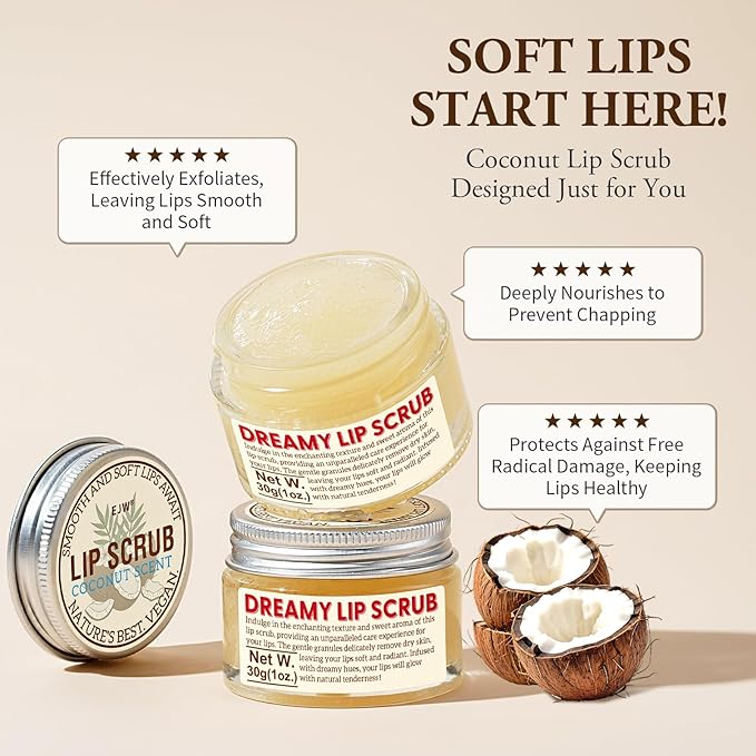 EJW Nourishing Lip Scrub - Infused with Coconut Oil, Olive Fruit Oil, and Jojoba Seed Oil, 1.05oz - Exfoliate, Hydrate, and Glow for Chapped Dry, Dark Lips