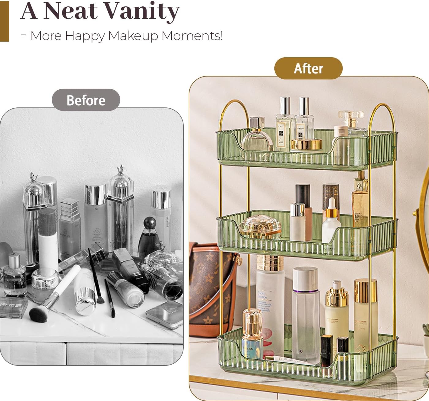 Aveniee Bathroom Counter Organizer, 3 Tier Perfume Skin Care Countertop Storage Shelf, Vanity Makeup Tray for Cosmetic Skincare Lotion,Green