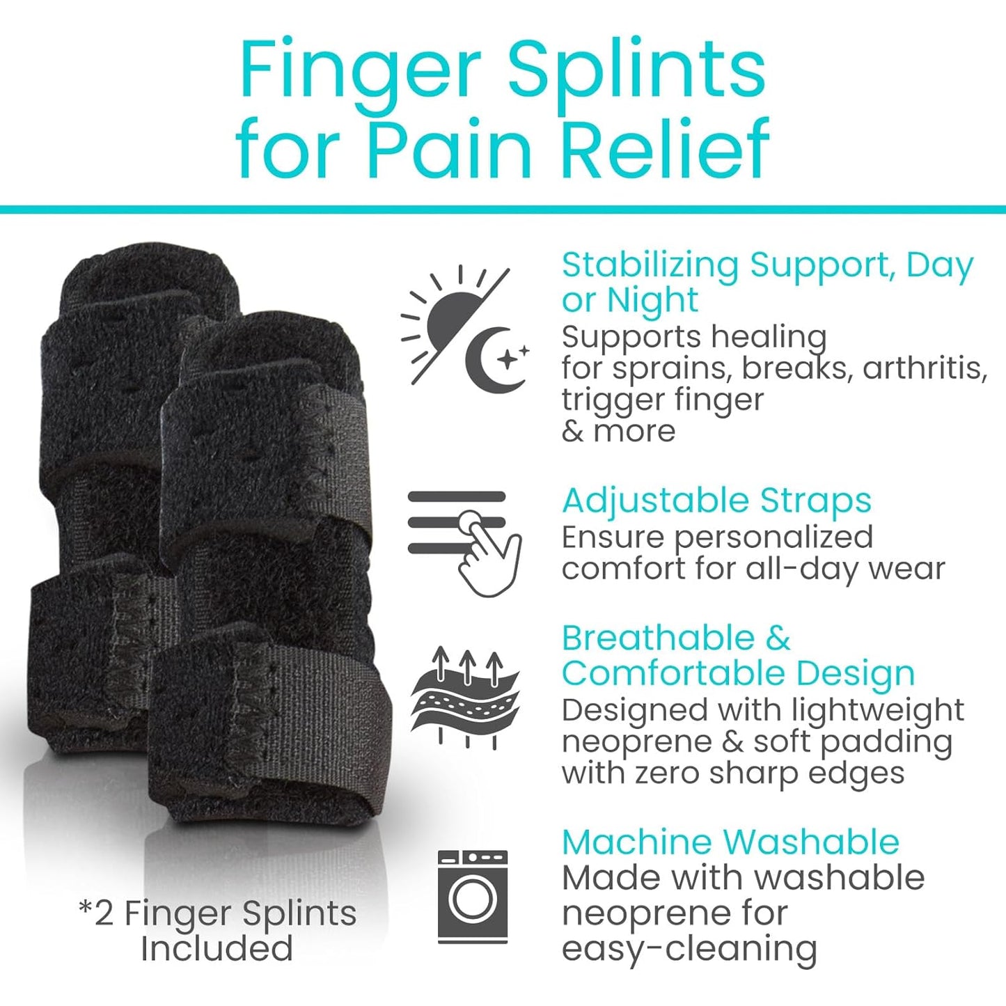 Vive Finger Splint (2 Pack) - Universal Finger Straightener - Broken and Trigger Finger Splints - Finger Brace for Arthritis pain and Support - Sprain Relief for Middle, Index, Ring, Pinky Fingers (Black)