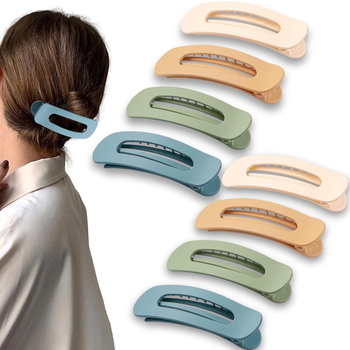 8 Pcs Large Lay Flat Claw Clips for Women French Side Slide Barrettes for Thin Fine Hair Rectangle Alligator Hair Accessories,Matte Beige Orange Blue Green