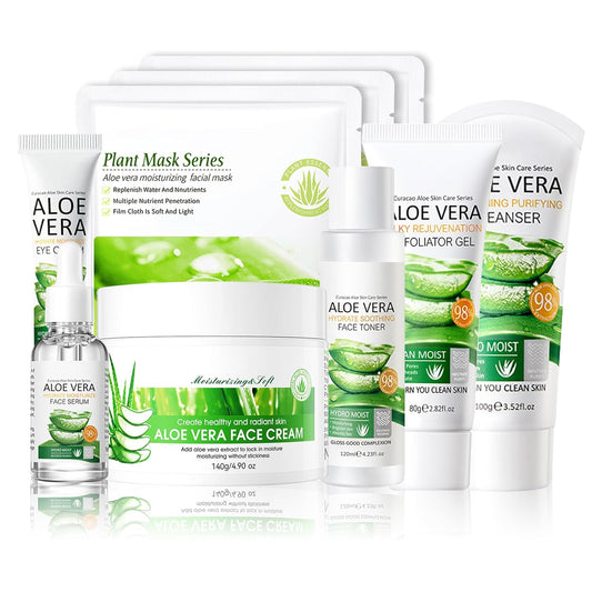 Aloe Vera Skin Care Set,Facial Kit with Facial Cleanser,Toner,Eye Cream,Face Serum,,Exfoliating Gel,Face Cream & 3PCS Mask,Travel Skincare Kit for Women (9PCS)