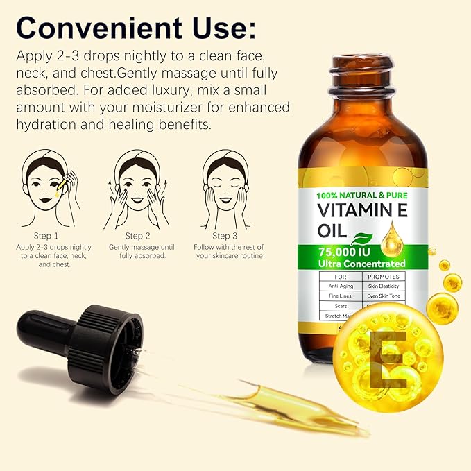 Vitamin E Oil 75,000 IU - Natural Moisturizing Oil for Skin, Face & Body - Organic Vitamin E Oil for Scars, Wrinkles & Stretch Marks - Deep Hydration 2 Fl Oz