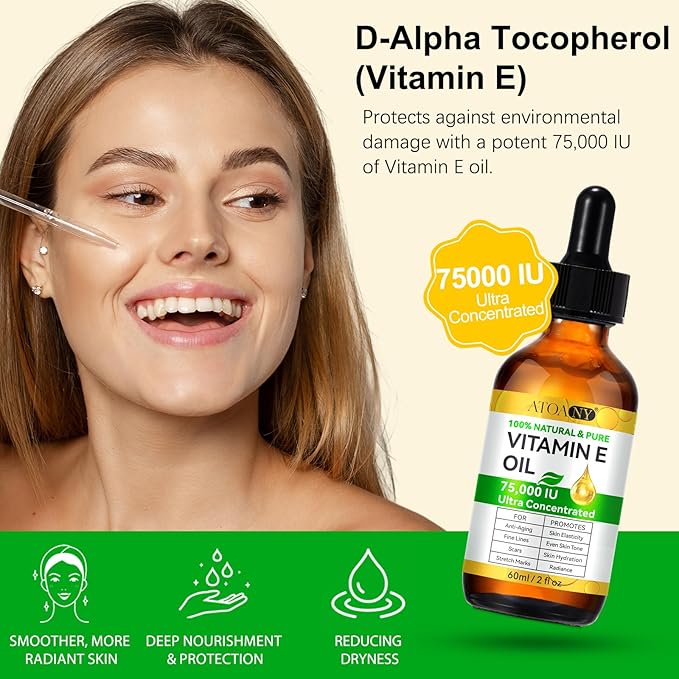 Vitamin E Oil 75,000 IU - Pure & Natural Skin & Hair Care - Moisturizing for Face, Body, Sars and Scalp 2 Fl Oz