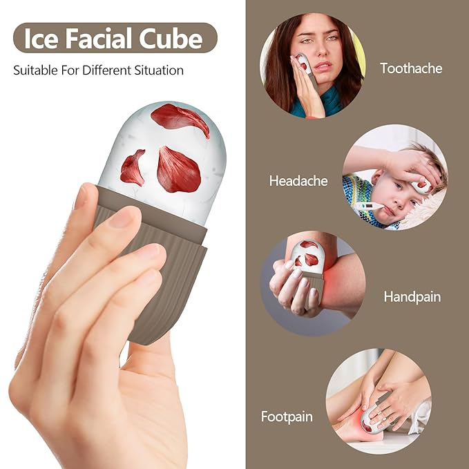 2pcs Ice Roller for Face and Eye, Silicone Ice Facial Roller Ice Holder, Face Ice Mold Skin Care, Face Icers Reusable Ice Cube Roller for Shrink Pores Anti Wrinkle Reduce Puffiness, Yellow Brown