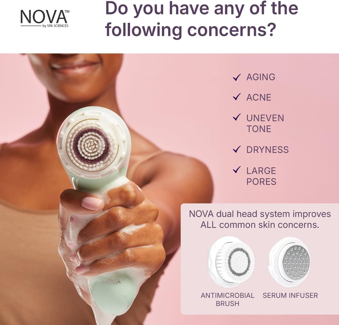 Spa Sciences - NOVA - Sonic Cleansing Brush with Bristles & Infusion System – Anti-Aging Facial Exfoliating, Waterproof, and USB Rechargeable