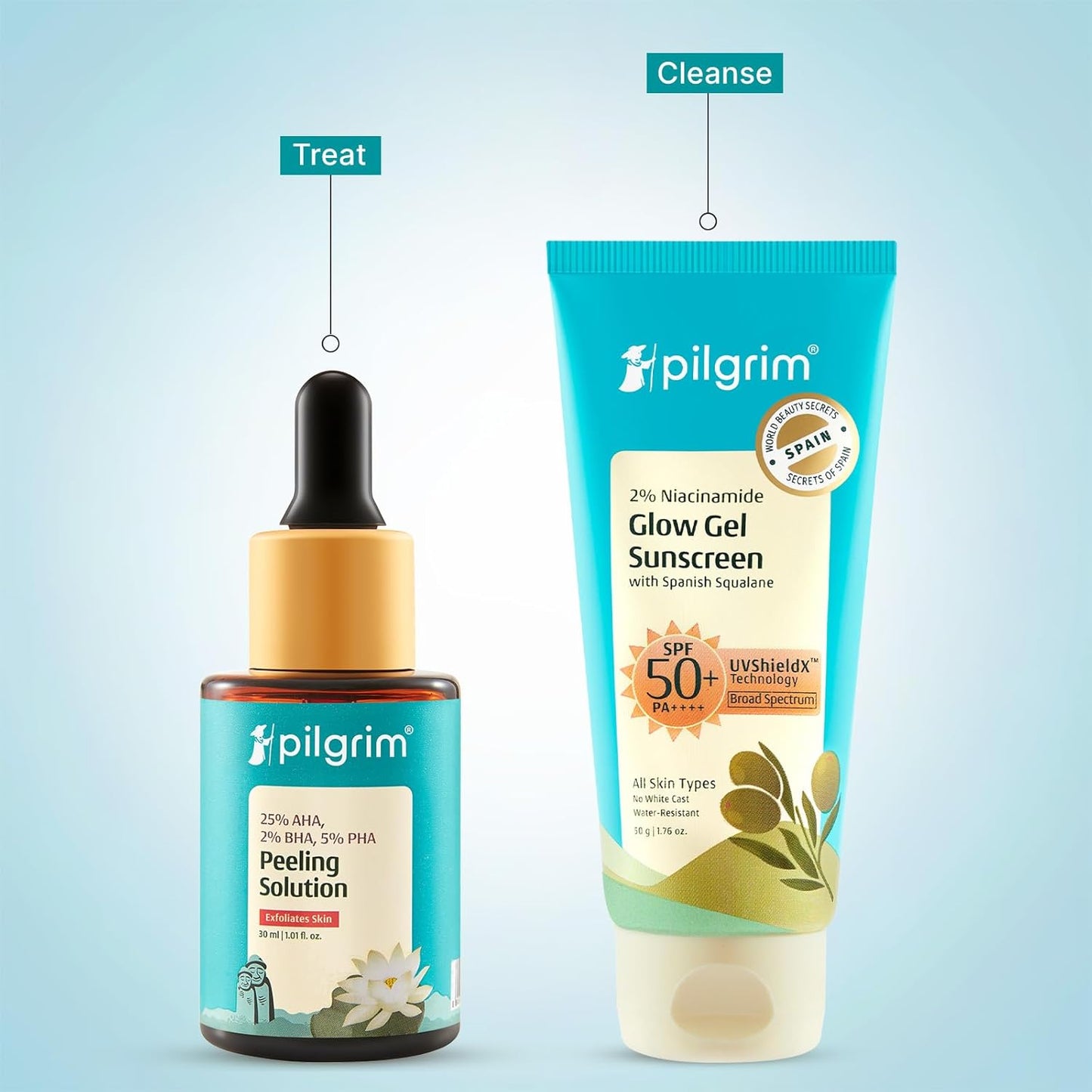 Pilgrim Anti-Tan Skincare Combo: 2% Niacinamide Glow Sunscreen SPF 50 +++ & 25% AHA + 2% BHA + 5% PHA Peeling Solution|Sun Protection & Deep Exfoliation | For Even Skin Tone & Radiant Glow