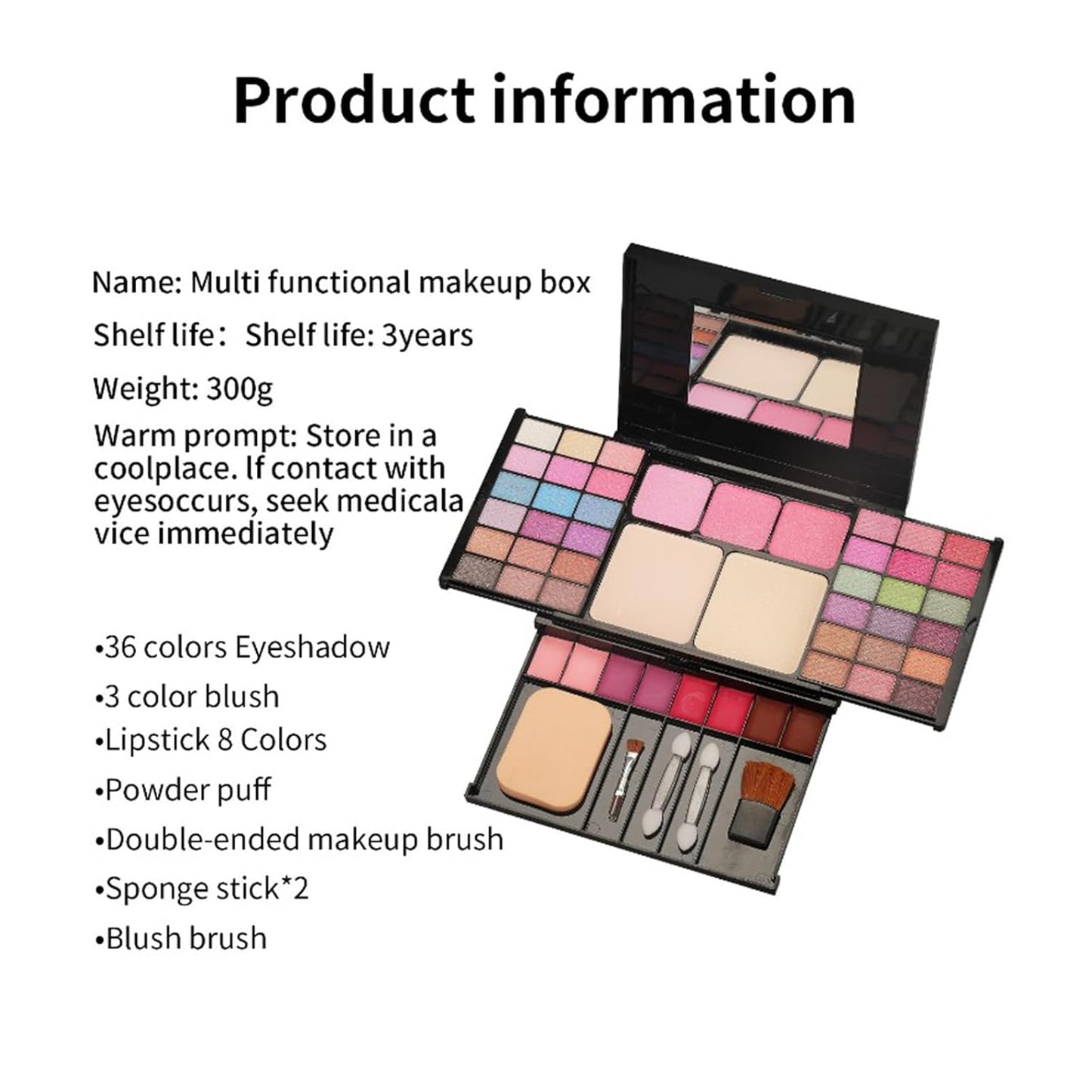 VolksRose Multi Functional Makeup Palette Set:36 Eyeshadow+3 Gradient Blushes+Lipsticks 8 Colors,Complete Tools (Powder Puff+Dual-Ended Brush+Sponge Sticks*2+Blush Brush+Mirror),Portable Present Case