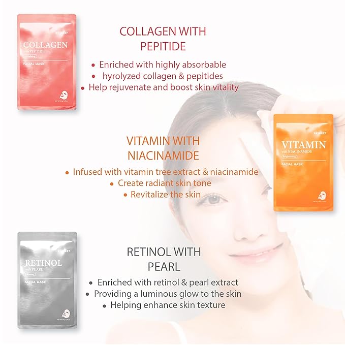 SKIN627 Bulk 12PK Face Masks Skincare, Korean Skincare, Facial Mask, Sheet Masks Korean (12PK Assortment Pack)