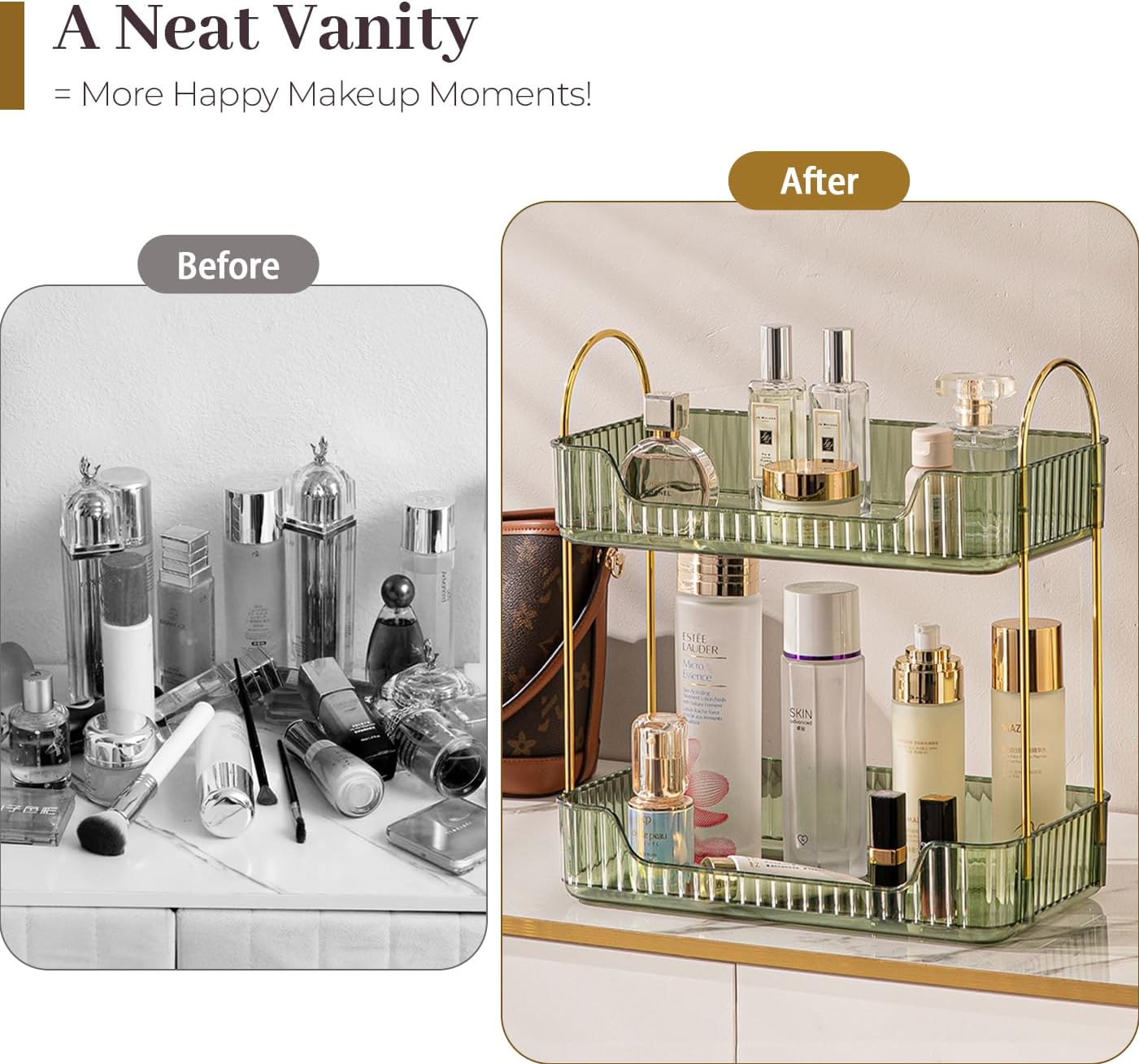 Aveniee Bathroom Counter Organizer, 2 Tier Perfume Skin Care Countertop Storage Shelf, Vanity Makeup Tray for Cosmetic Skincare Lotion,Green