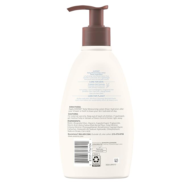 Aveeno Sheer Hydration Daily Moisturizing Fragrance-Free Lotion with Nourishing Prebiotic Oat, Fast-Absorbing Body Moisturizer for Dry Skin with Lightweight, Breathable Feel, 12 fl. oz