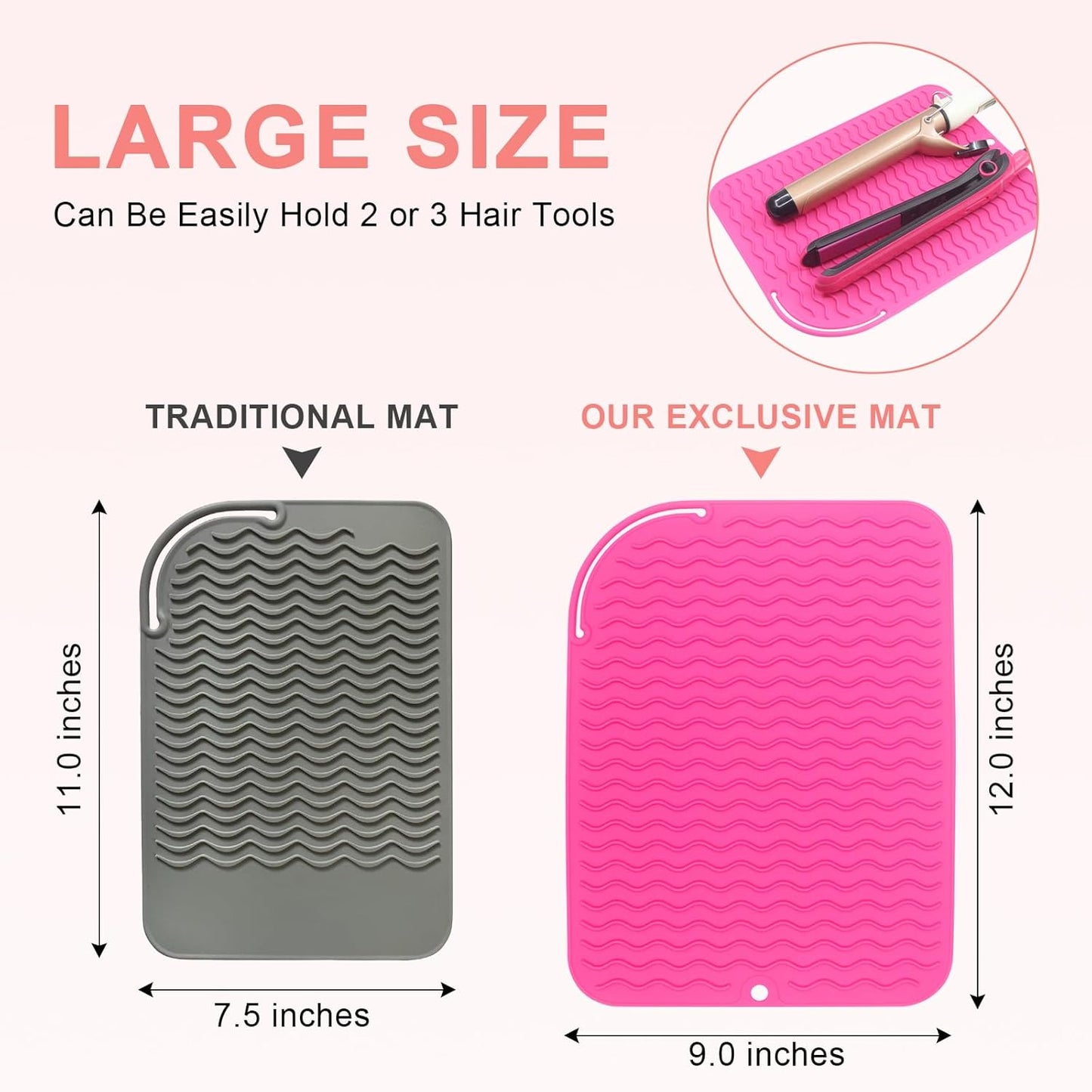 Plus Size Silicone Heat Resistant Mat, Portable Travel Hot Tools Pad Cover for Curling Iron, Flat Iron, Hair Straightener and Other Hair Styling Tools(12.0" x 9.0")