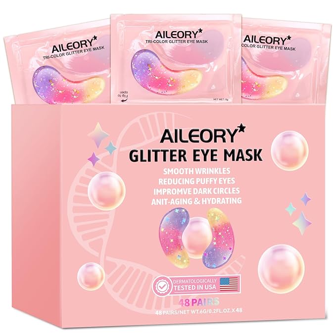 Under Eye Patches (48 Pairs) - New Tri-color Glitter Eye Gel Pads for Dark Circles Puffy Eyes,Under eye Bags,Wrinkles|Natural Collagen Under Eye Mask Patches, Gel Under Eye Patches