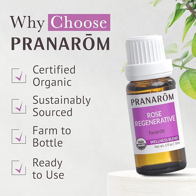 Pranarom - Rose Regenerative Facial Essential Oil Blend (5ml) - Lavender, Rosehip Seed, Frankincense, and Lemon - 100% Pure Essential Oil for Skincare | USDA and ECOCERT Certified Organic