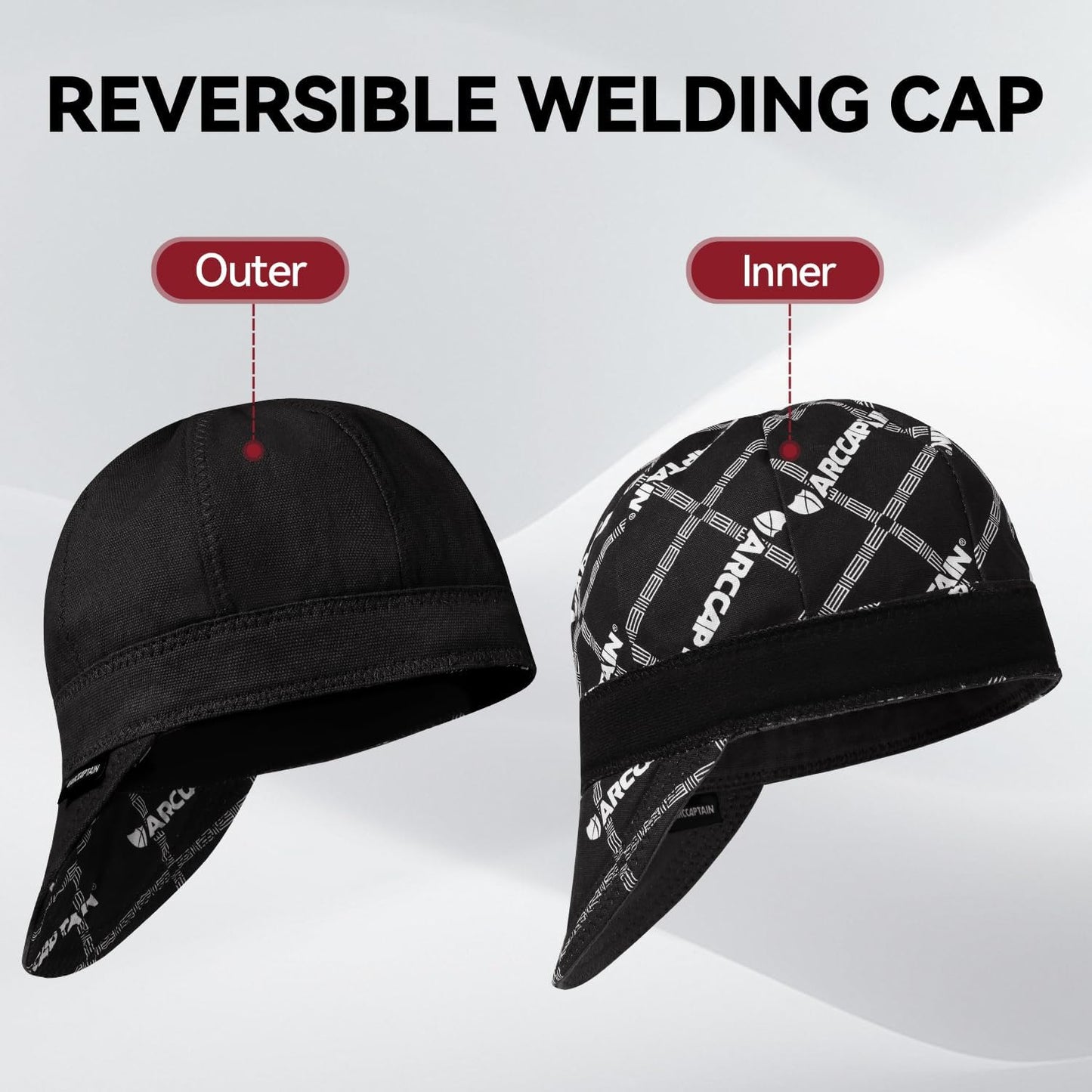 ARCCAPTAIN Reversible Welding Cap, 8 Panel Protective Welders Cap, 10 oz Fireproof Cotton Comforts for Safety and Protection While Welding, Black, 7 3/8