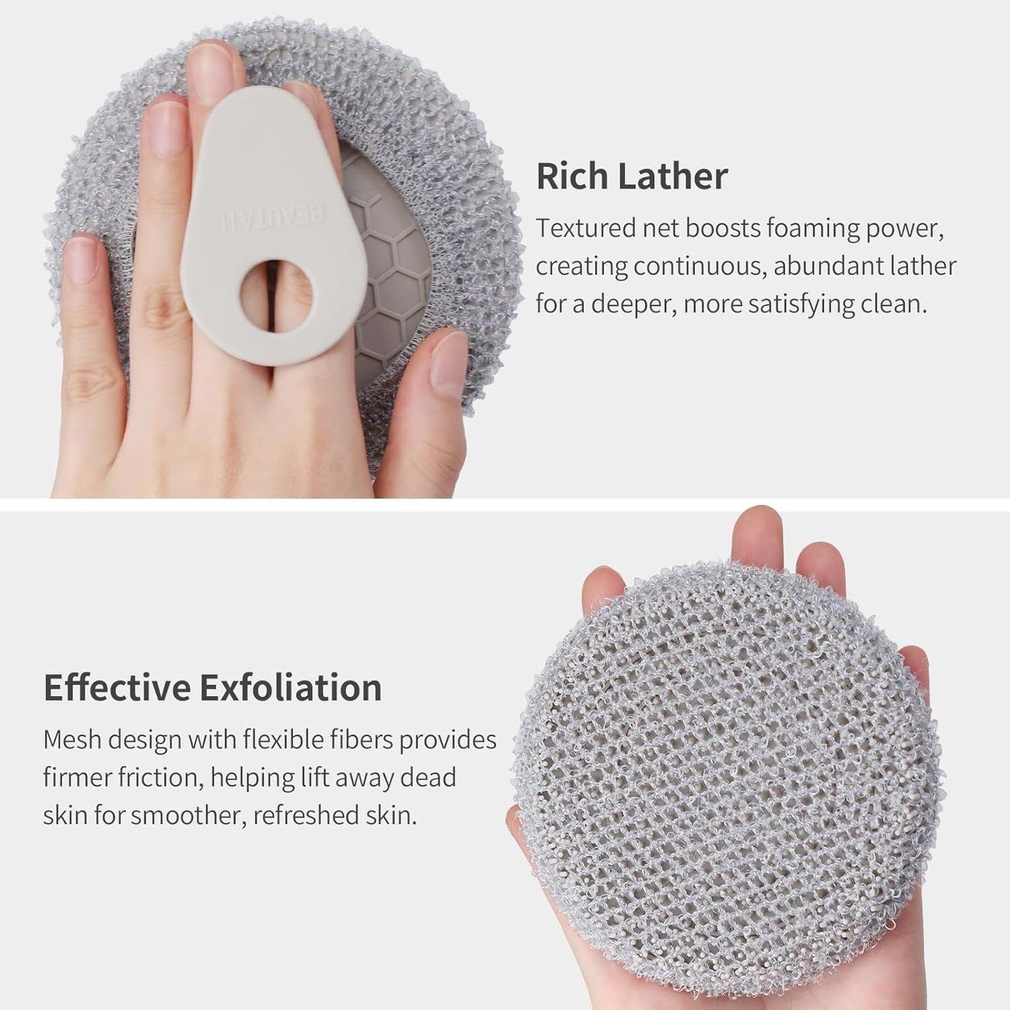 Silicone Body Scrubber with Scrub Net Set, BEAUTAIL 2 Pack for Rich Lather, Deep Cleansing, and Exfoliation – Durable, Easy to Clean, Gentle or Firmer Options – 1 Shower Brush Gray, 1 Scrub Net Gray