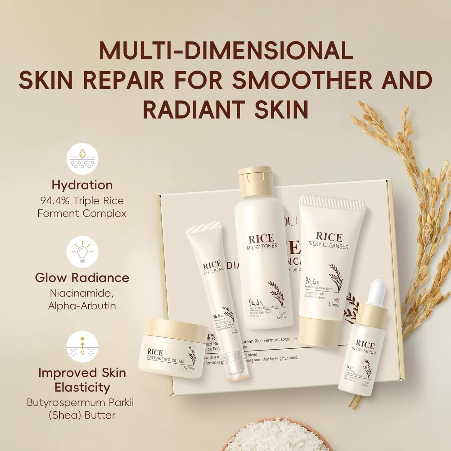 Rice Radiance Skincare Set 5pcs – 5-Step Moisturizing Korean Skin Care Routine with Triple Fermented Rice Extract, Hyaluronic Acid & Ceramides for Glowing Skin, All Skin Types