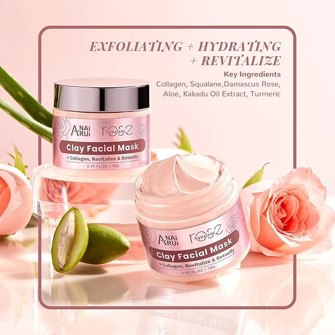 ANAiRUi Rose Skincare Gift Set, Mother's Day Gift for Women, Facial Skincare Kit for Women, Rose & Squalane Face wash and Moisturizer Set with Clay Mask, Face Cleanser and Facial Oil, Purify, Hydrate