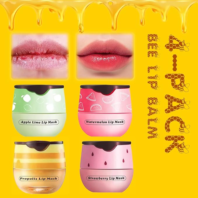 Honey Pot Lip Balm for Dry Cracked Lips - Strawberry Scrub Exfoliator & Moisturizer, Hydrating With Wand, Lip Sleeping Mask (4pcs)