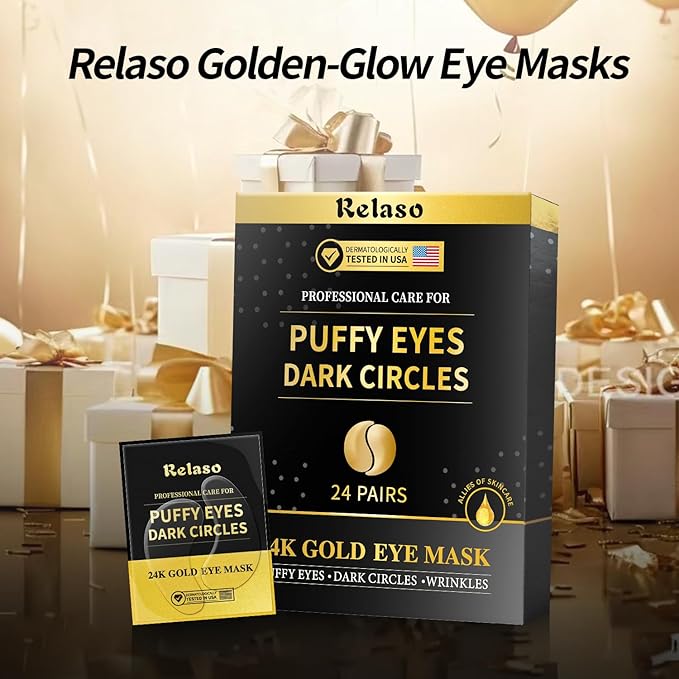Under Eye Patches, Dermatology Golden Eye Mask with Amino Acid & Collagen, Cooling Eye Care for Wrinkles, Puffy Eyes & Dark Circles, Skincare Treatment, Gift for Women, 12 Pairs