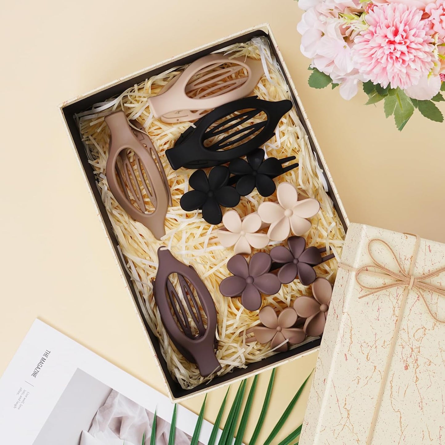 8 Pack Flat Hair Clips for Women – Matte Neutral Claw Clips & Flower Hair Pins Barrettes Set in Black, Blonde,Light Brown & Dark Brown for Thick & Thin Hair