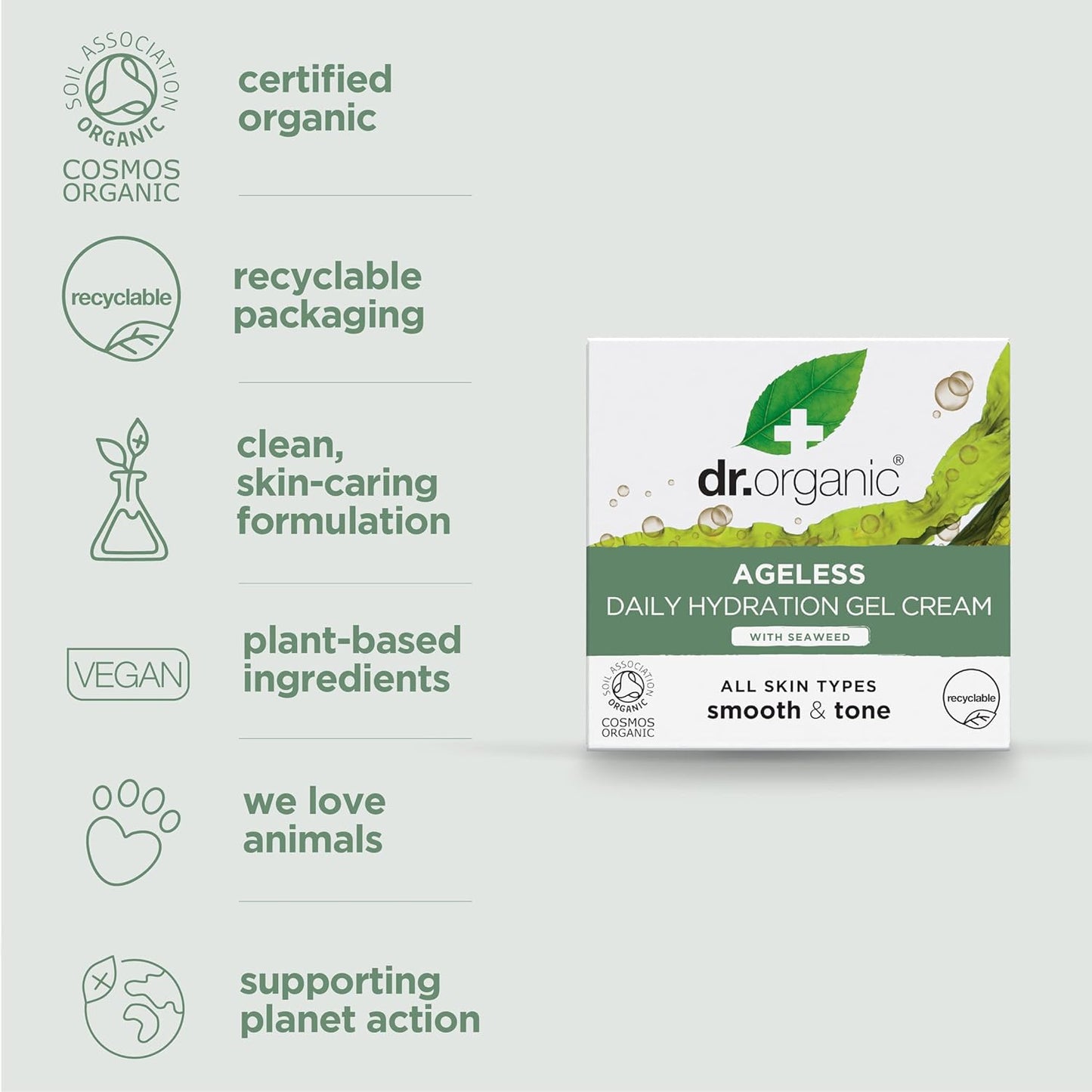 Dr. Organic Ageless Daily Hydration Gel with Seaweed | Hydrating, Tones & Smoothes Complexion, Certified Organic, Paraben & SLS-Free, Recyclable, 50 mL / 1.7 fl oz
