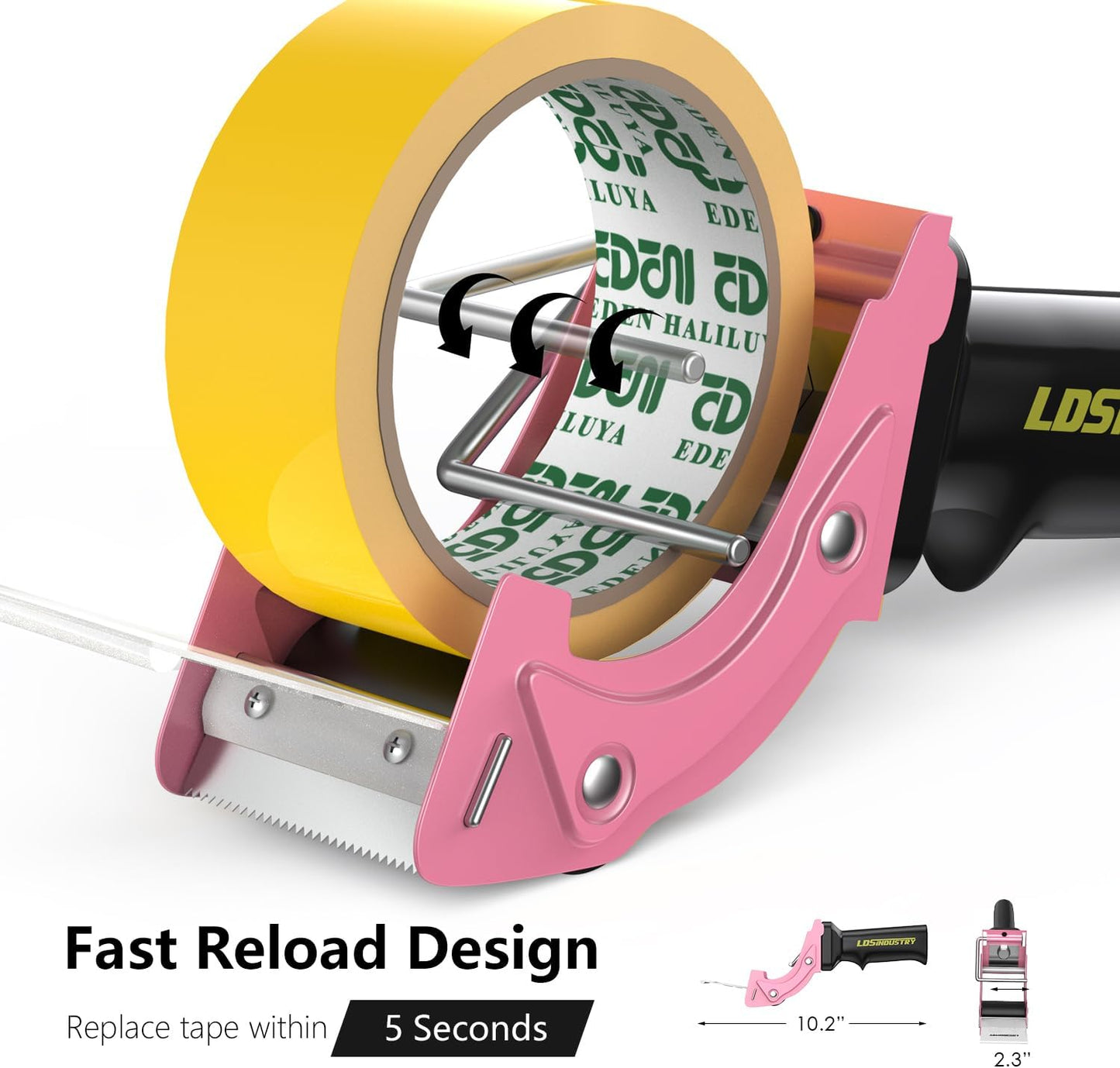 Rapid-Replace Packing Tape Dispenser Gun with Tape and Extra Blade, 2IN(50mm) Lightweight Ergonomic Industrial Handheld Heavy Duty Tape Cutter for Carton, Packaging and Box Sealing, Pink