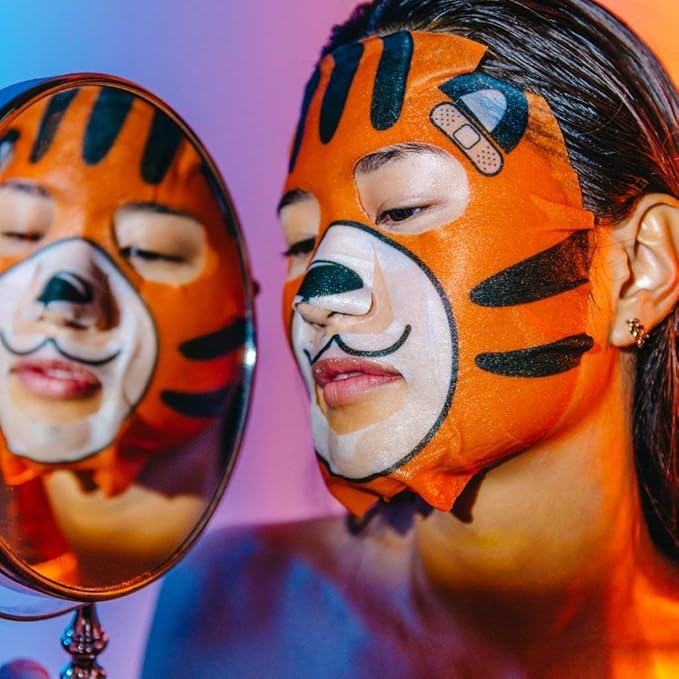The Crème Shop Animal Sheet Mask, Korean, Hydrating, Collagen, Vitamin C, Anti-Aging - Pack of 3 (Tiger)