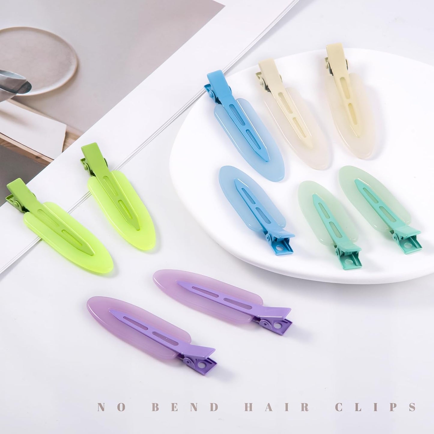 10 Pcs Creaseless No Crease No Bend Flat Hair Clips For Styling Non Slip Makeup Clips For Women Salon Hairstyle,Jelly White Green Neon-Green Blue Purple