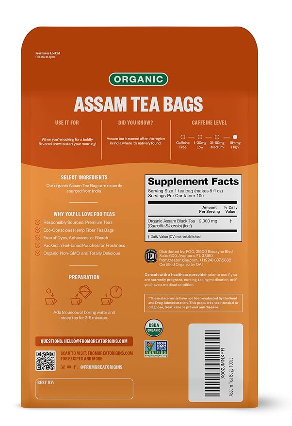 FGO Organic Assam Tea, 100 Count, Eco-Conscious Black Tea Bags, Resealable Bag, Packaging May Vary (Pack of 1)